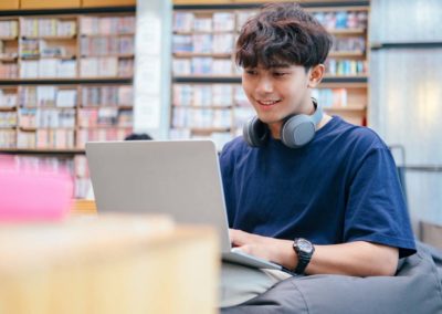 student studying in library